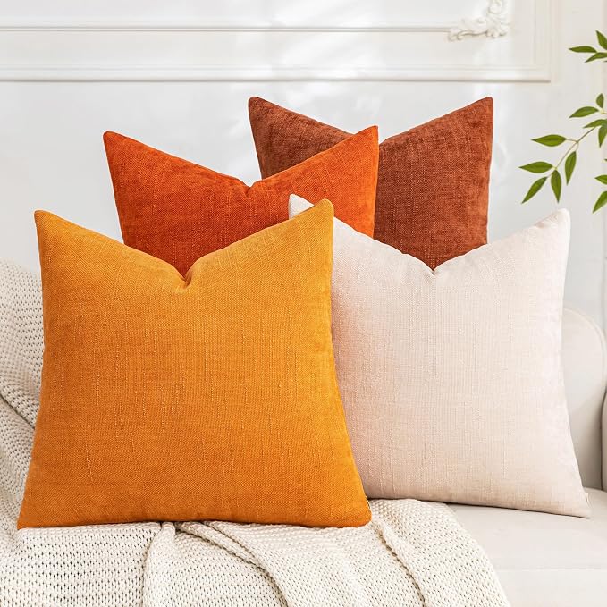 Set of 4 Soft Textured Decorative Throw Pillow Covers 16x16 Inch Cozy Farmhouse Cushion Cover Square Accent Pillow Cases for Bed Couch Sofa Living Room, Beige Rust Orange