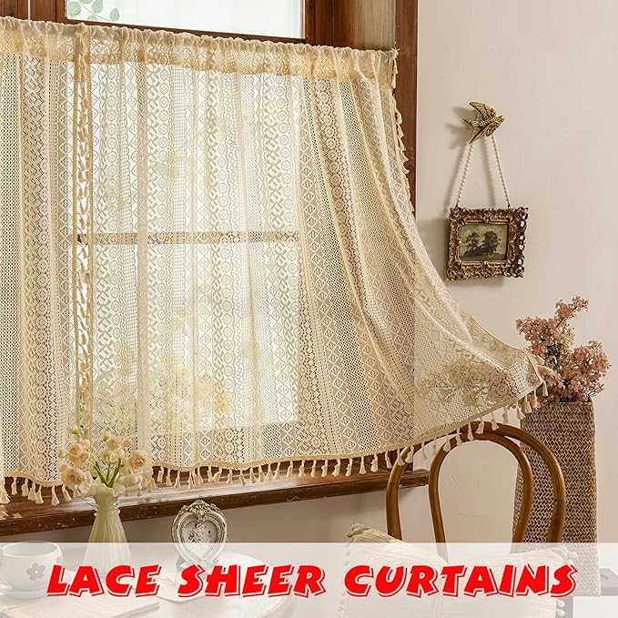 Sutuo Home Beige Boho Kitchen Curtains 54 inches long, Cottagecore Sheer Lace Curtains for Nursery Privacy Crochet Light Filtering Vintage Chic Tassels Bohemian Window Drape Rod Pocket, 2 Panels 50" W