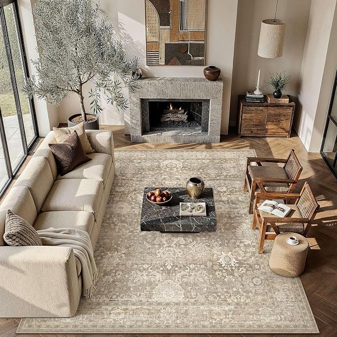 HUGEAR Area Rugs 9x12 Beige Washable Rug for Living Room Bedroom Large Neutral Vintage Rug Carpet Distressed Soft Durable Non Slip No Shedding for Indoor Dining Nursery Farmhouse