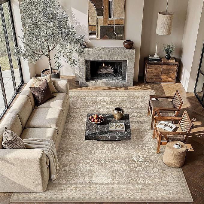HUGEAR Area Rugs 8x10 Beige Washable Rug for Living Room Bedroom Large Neutral Vintage Rug Carpet Distressed Soft Durable Non Slip No Shedding for Indoor Dining Nursery Farmhouse