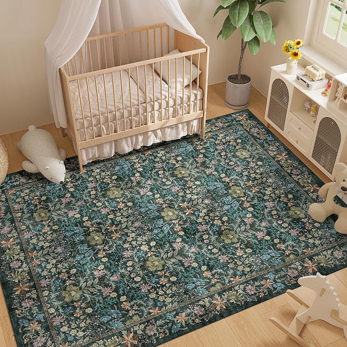 DUKINO 8x10 Area Rugs, Vintage Floral Washable Rug for Living Room, Blue | Non Slip, Low Pile, Non-Shedding, Stain Resistant, Aesthetic Soft Indoor Large Carpet for Bedroom, Dining Room, Farmhouse