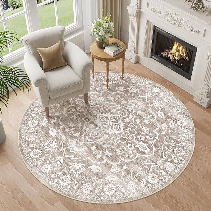 Soalmost Washable Round Rug 5ft for Living Room,Soft Circle Rug Light Brown | Vintage Floral Ultra-Thin Non-Slip 5x5 Round Throw Carpet for Entryway Nursery Bedroom Kitchen Dining Room 5'Round