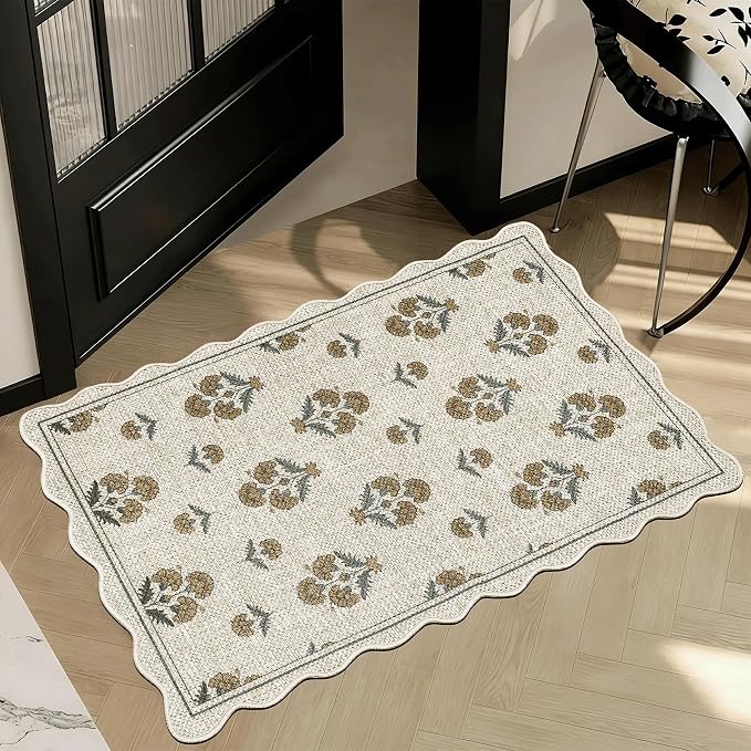 ORTIGIA Scalloped Easy Jute 2x3 Area Rug Vintage Yellow Block Floral Farmhouse Washable Rug Non-Slip Indoor Outdoor Carpet for Living Room Bedroom Kitchen Patio Entryway