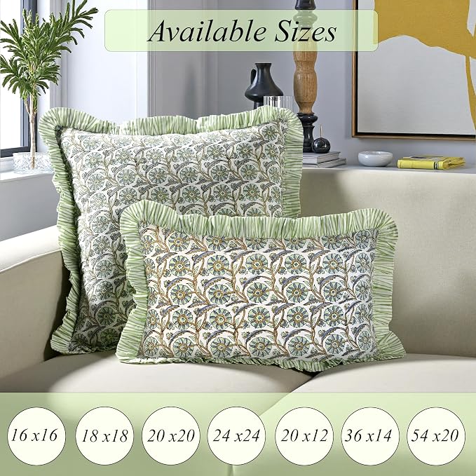 Ridhi Block Print Bloom Bubbles Throw Pillow Cover 18" x 18" (Pack of 2) Decorative Cushion Covers with Ruffle for Couch, Sofa, Bed, Living Room, Home Decor Gift for Spring, Easter, Valentine