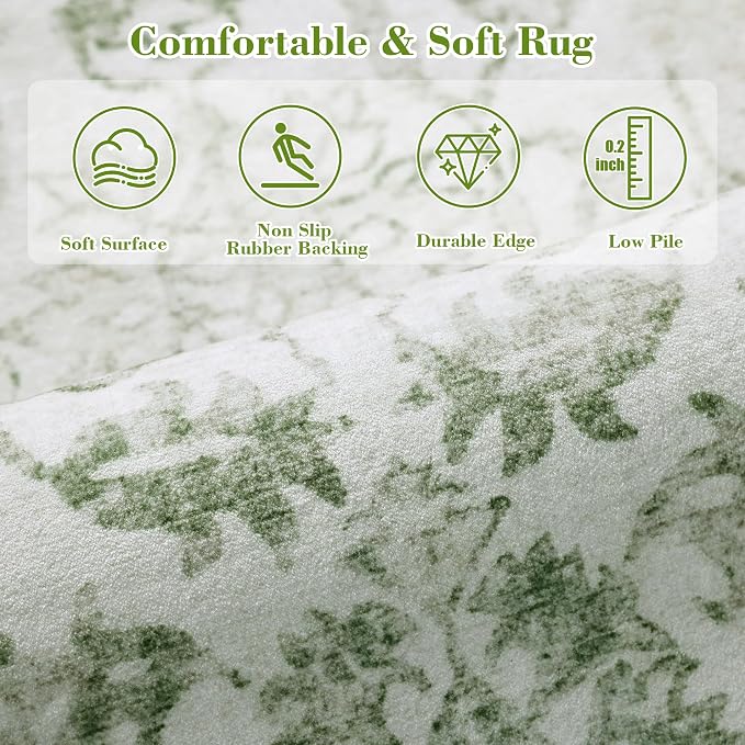 Deerly Sage Neutral Large Area Rug 9x12 for Living Room, Washable Rug for Dining Room Bedroom, Anti-Slip Low-Pile and Soft Accent Rug Farmhouse Office Home Decor Light Green