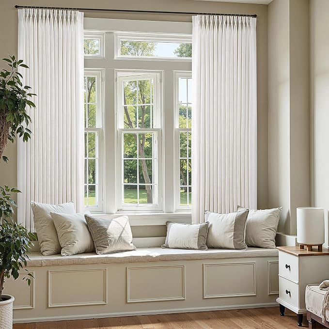 Linen Pinch Pleated Curtains 45 Inch Length 2 Panels for Kitchen Small Window Natural Cream Semi Sheer Curtains Light Filtering Privacy Cottage Window Drapes Back Tab with Hooks Clip Rings 40x45