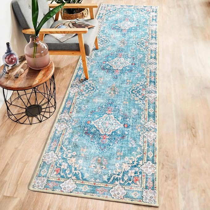 MUJOO Teal Runner Rug Washable 2x8 Area Rugs Non Slip Low-Pile Flowers | Long Throw Carpet for Hallways Entryway Kitchen Bathroom Bedside Bedroom Laundry Boho Soft Indoor Retro Floral Blue Colorful