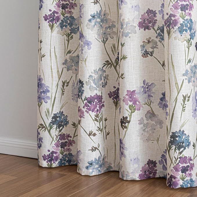 MYSKY HOME Floral Linen Curtains 90 inch Length 2 Panels Set for Living Room Patterned Semi Sheer Light Filtering Privacy Farmhouse Grommet Drapes for Bedroom Small Window, 52" Wide Each Panel, Purple