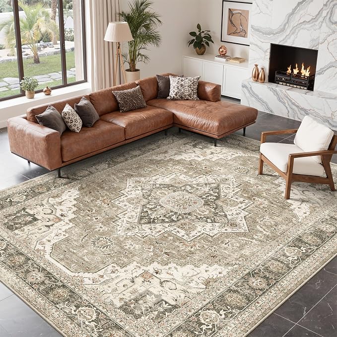 Roxstand 8x10 Washable Area Rugs for Living Room, Brown/Beige | Non-slip Backing, Low-Pile Carpet, Stain Resistant,Rugs for Living Room,Bedroom, Dining Room, Office