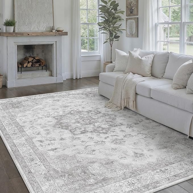 PureCozy Grey Gray Area Rug 8x10 Washable Vintage Carpet for Living Room Bedroom Large Soft Retro Low Pile Thin Indoor Rug Non Slip Oriental Medallion Floor Cover for Dining Room Office