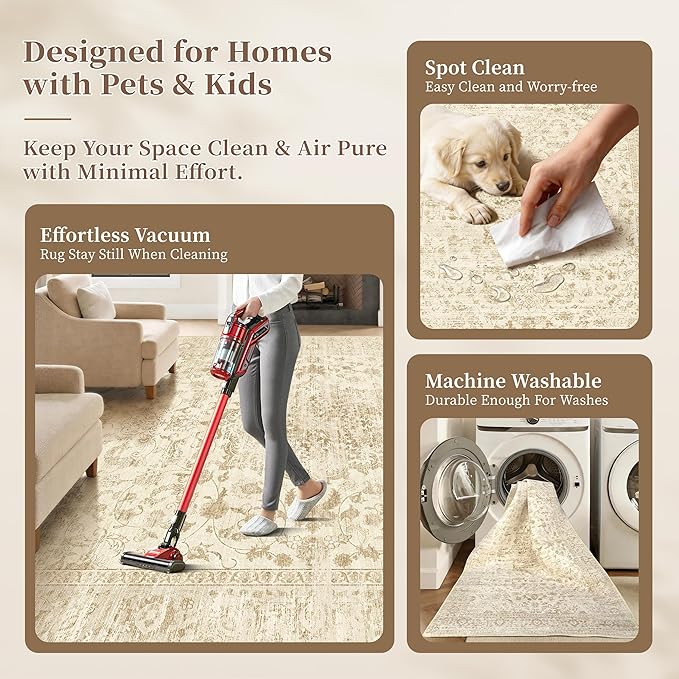 Beige Washable Rug 5x7,Non-Slip Neutral Vintage Boho Carpet Thin | Nursery Area Rug for Bedroom, Living Room and Dining Room, Low Pile with Non-Slip Silicone Backing, Non-Shedding