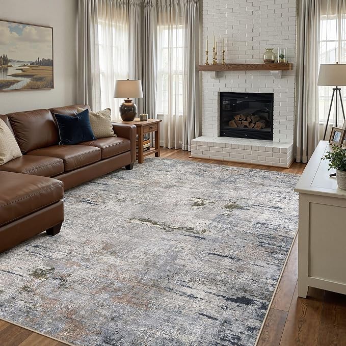 DMOYEST Area Rug Living Room Rugs - 6x9 Washable Large Soft Indoor Neutral Modern Abstract Low Pile Rug Carpet for Bedroom Dining Room Farmhouse Home Office - Blue/Grey/Brown