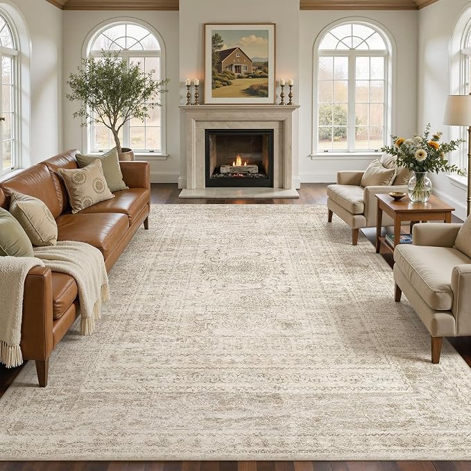 Nakagishi 10x12 Area Rugs Living Room: Washable Large Vintage Rug Neutral Non-Slip Soft Stain Resistant Indoor Carpet for Bedroom Nursery Dining Room Office Playroom - Dark Bown