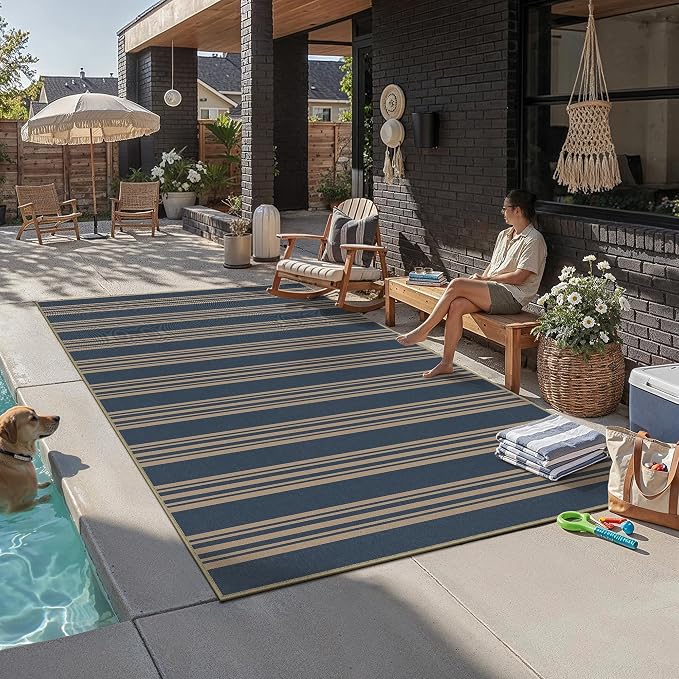 PureCozy Outdoor Rug 6x9 Washable Striped Jute Look Non Slip Carpet | Blue Stripe Farmhouse Style, Indoor Outdoor Area Rugs for Patio, Living Room, Dining Room, Non Shedding, Neutral Rug