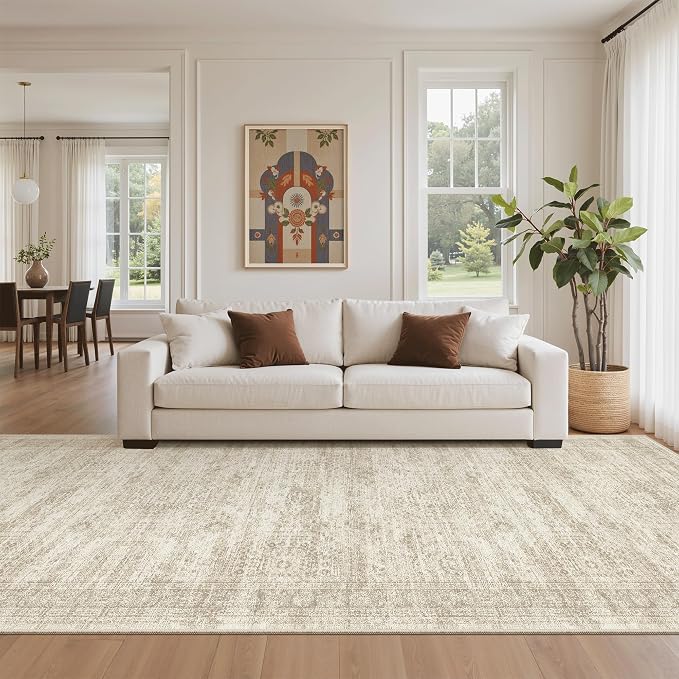 Soalmost 4x12 Wide Hallway Runners: Washable 12ft Runner Rug for Entryway Living Room Soft Vintage Non Slip Carpet Runner for Kitchen Dining Room Nursery Bedroom (Beige, 4x12ft)