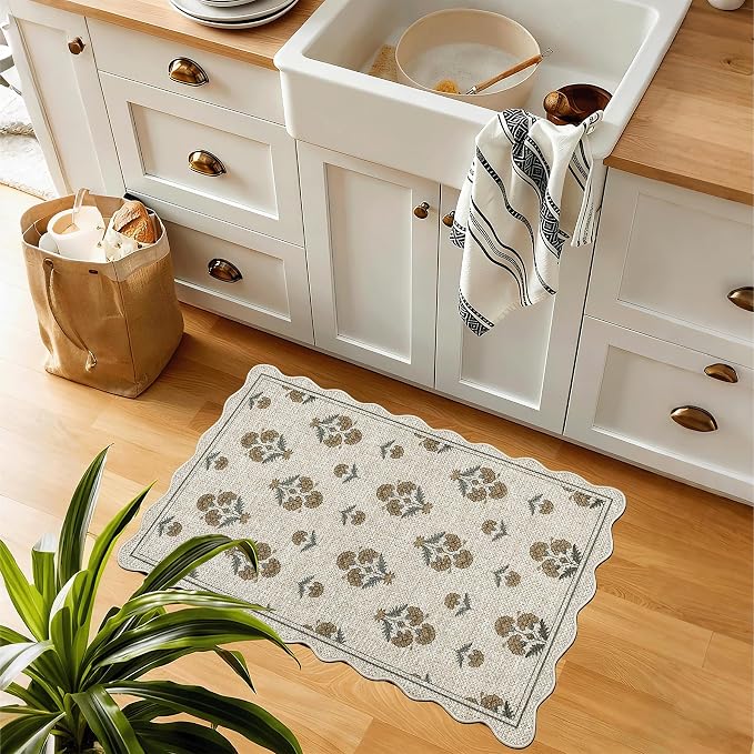 ORTIGIA Scalloped Easy Jute 2x3 Area Rug Vintage Yellow Block Floral Farmhouse Washable Rug Non-Slip Indoor Outdoor Carpet for Living Room Bedroom Kitchen Patio Entryway