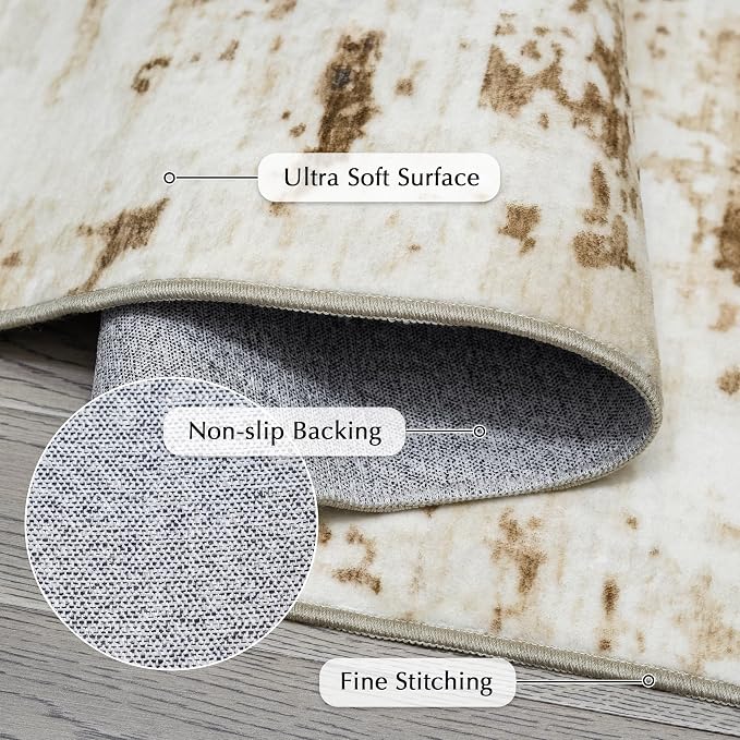 FMFUNCTEX 6ft Round Washable Area Rug Brown Beige Abstract Modern Neutral Non Slip Carpet for Living Room Bedroom Soft Low Pile Indoor Contemporary Thin Rug for Dining Room Office Nursery Entry