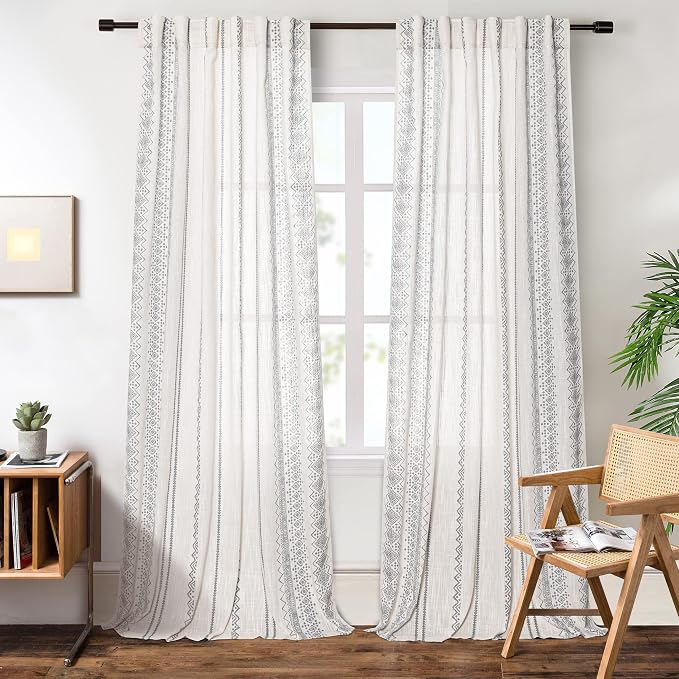MEETSKY Light Filtering Curtains 95 Inches Long Boho Cotton Curtains for Dining Room Bohemian Geometric Printed Linen Style Burlap Effect Modern Back Tab Window Drapes for Home