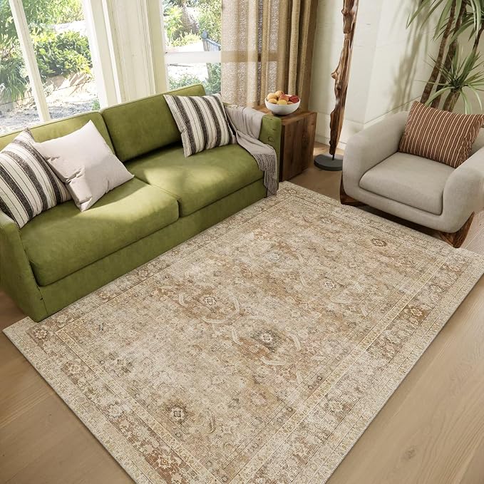Washable 4x6 Rugs, Boho Vintage Non-Slip Distress Rugs, Brown | 0.3" Neutral Throw Rugs for Bedroom Kitchen Nursery Living Room, Cushioned Area Rug for High-traffic