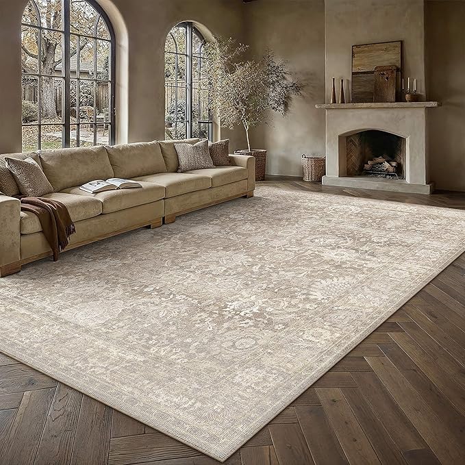 HUGEAR Area Rugs 10x14 Beige Washable Rug for Living Room Bedroom Large Neutral Vintage Rug Carpet Distressed Soft Durable Non Slip No Shedding for Indoor Dining Nursery Farmhouse