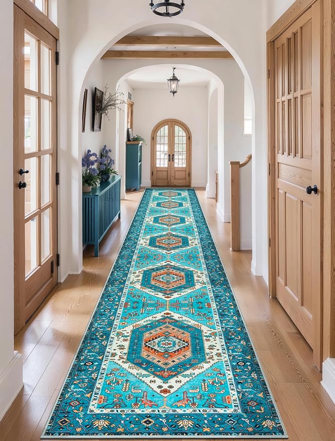 SERISSA Runner Rug for Hallways, 2'6"x18' Washable Non Slip Kitchen Runner Rug, Extra Long Boho Rug Ultra Soft Vintage Blue Print Floor Carpet for Hallway Living Room Dining Room Bedroom