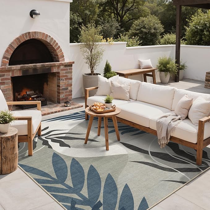 GENIMO 8x10 Outdoor Rug, Washable Quick Dry for Patio, Navy Grey | Botanical leaf design for backyard; fade resistant chenille with quick-dry non-slip backing for indoor living rooms.