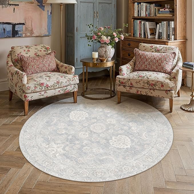 6x6 Blue Cream Washable Round Rug for Living Room Bedroom Neutral Floral Soft Non Slip Circle Rug Low Pile Distressed Carpet for Dining Room Nursery Office Indoor