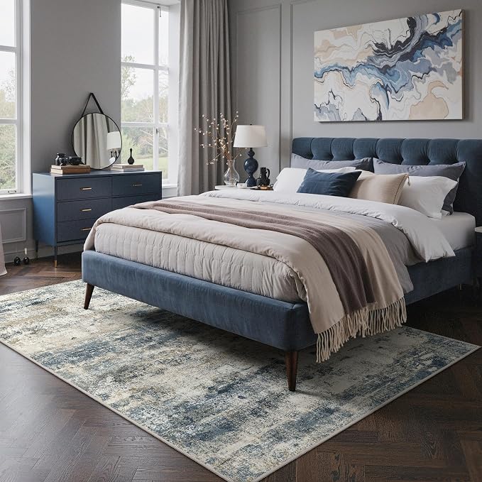 GENIMO Area Rug 5x7 Washable Abstract Modern Rug Non Slip, Low Pile Lightweight Soft Carpet for Living Room, Bedroom, Dining Room, Navy Blue