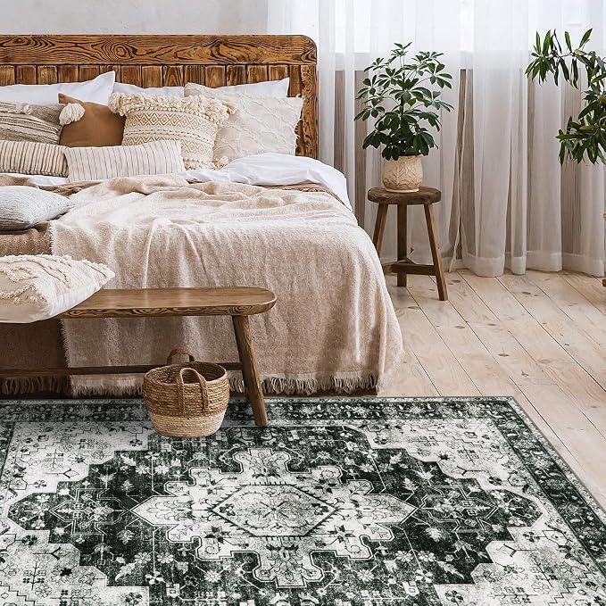 Moynesa Ultra-Thin Washable Vintage 5x7 Area Rugs - Large Boho Living Room Rug Non-Slip Non-Shedding Stain Resistant Indoor Floor Carpet for Bedroom Dining Room Entryway, Black/White