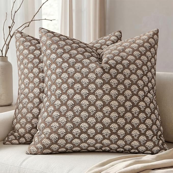 MIULEE Set of 2 Decorative Floral Throw Pillow Covers Neutral Vintage Fall Block Print Boho Farmhouse Cushion Covers for Modern Home Decor Couch Sofa Bed Living Room, 18x18 Inch, Chocolate Brown