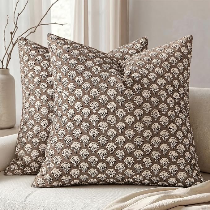 MIULEE Set of 2 Decorative Floral Throw Pillow Covers Neutral Vintage Fall Block Print Boho Farmhouse Cushion Covers for Modern Home Decor Couch Sofa Bed Living Room, 20x20 Inch, Chocolate Brown