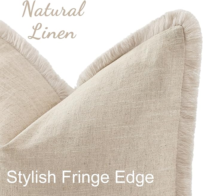 decorUhome Linen Fringe Natural Beige Throw Pillow Covers 12x20 Set of 2 | Decorative Soft Accent Modern Boho Farmhouse Lumbar Cushion Covers with Tassels Cotton Pillow Covers for Couch Bed Sofa