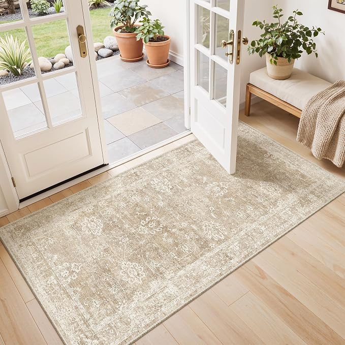 Madane 2x4 Washable Rugs for Entryway, Low Pile Non-Slip Area Rug Kitchen Door Mat, Vintage Soft Throw Neutral Rug Floor Mat for Indoor Front Entrance Bathroom Hallway (2 x 4, Beige/Brown)