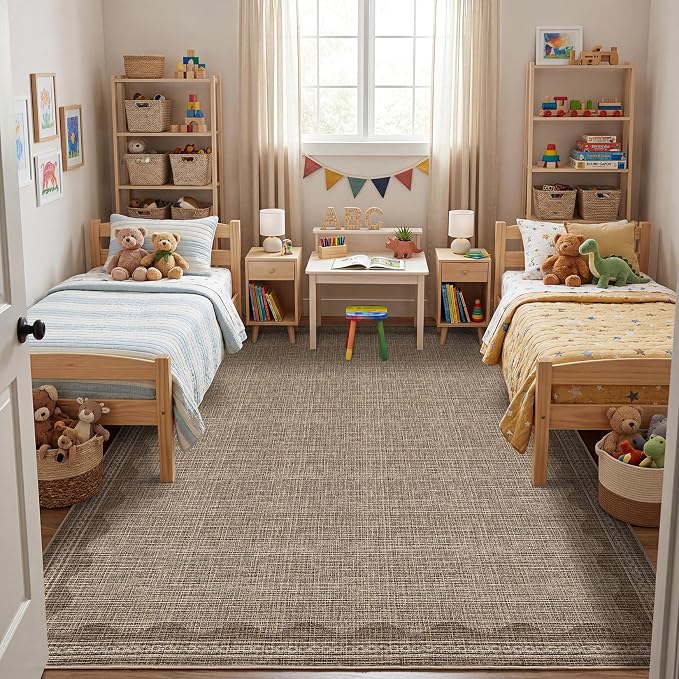 GarveeHome Washable Rugs 5x7 Rug for Living Room, Scalloped 5 x 7 Rug Solid Coffee Modern Minimalism Low-Pile Carpet for Bedroom Dining Nursery Non Slip Mat with Rubber Back