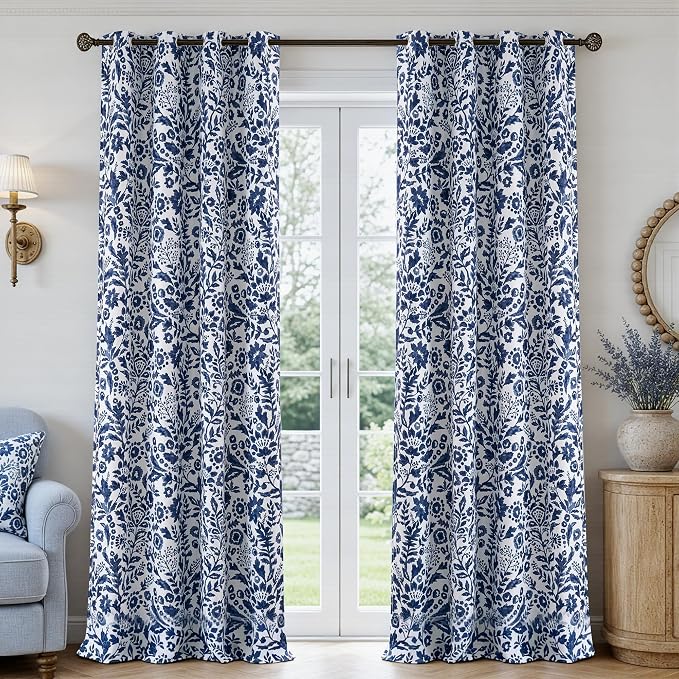 DriftAway Julia Blackout Curtains Grommet 2 Panels, W52xL102, Navy | Floral Curtains, Bedroom, Living Room, Room Darking, Watercolor Pattern, 2 Layers, Thermal Insulated, Window Treatment