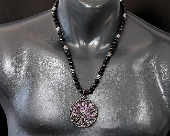 ElisaJewelryArt - Natural Amethyst Big Tree Of Life Pendant Black Onyx Stone Beaded Necklace Genuine Gemstone Feng Shui Stone Clasp Closure Necklace Unisex Necklace