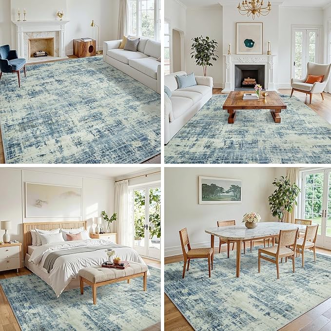 9x12 Area Rugs Washable Rug: Anti-Skid Abstract Modern Living Room Rug Soft Thin Carpets Indoor Floor Non-Shedding Carpet for Bedroom Dining Farmhouse Nursery Home Office (Blue Gray/Gold, 9'x12')