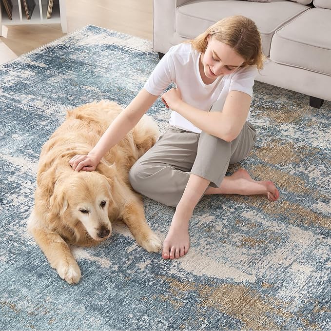 DMOYEST Area Rug Living Room Rugs - 9x12 Washable Large Soft Indoor Neutral Modern Abstract Low Pile Rug Carpet for Bedroom Dining Room Farmhouse Home Office - Blue Brown
