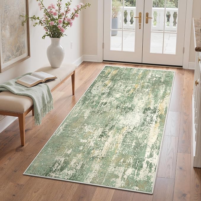 GENIMO 3x5 Rug for Entryway Washable Area Rug, Modern Abstract Small Throw Rugs for Entrance Living Room, Bedroom Beside Non-Slip Low Pile Lightweight Soft Carpet, Light Green