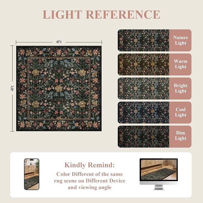 DUKINO 4x4 Square Rug, Washable Vintage Floral Living Room Area Rug, Black | Non Slip, Low Pile, Stain Resistant, Lightweight Soft Carpet for Entryway Bedroom Kitchen Home Office Kids Playroom Farmhouse