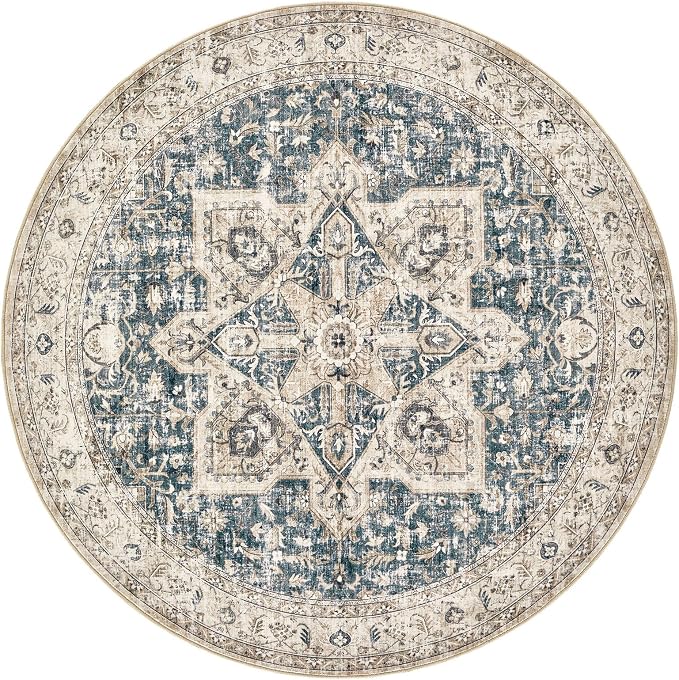 Tortania 7' Round Area Rug Living Room Rugs - Washable Boho Rug Vintage Oriental Distressed Farmhouse Large Thin Indoor Carpet for Bedroom Under Dining Table Home Office - Cream/Blue