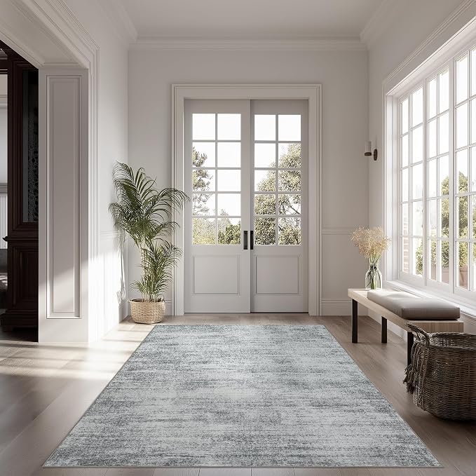 Gray Office Chair Mat for Low Pile Non Slip Neutral 4x6 Area Rug for Dorm | Light Grey Small Rugs Washable, Modern Abstract Floor Carpet 4 x 6, for Dorm Playroom Laundry Room, Rubber Backing Foldable