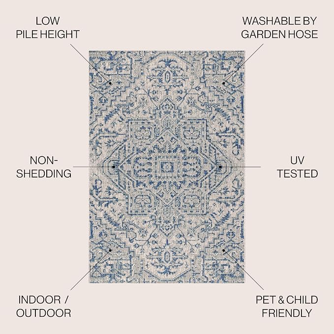 JONATHAN Y Boho Medallion Indoor Outdoor Area Rug 3X5 Navy/Gray, Estrella Textured Weave for Backyard, Patio, Porch, Easy-Cleaning, High Traffic, Pet-Friendly, Non-Shedding (SMB105B-3)
