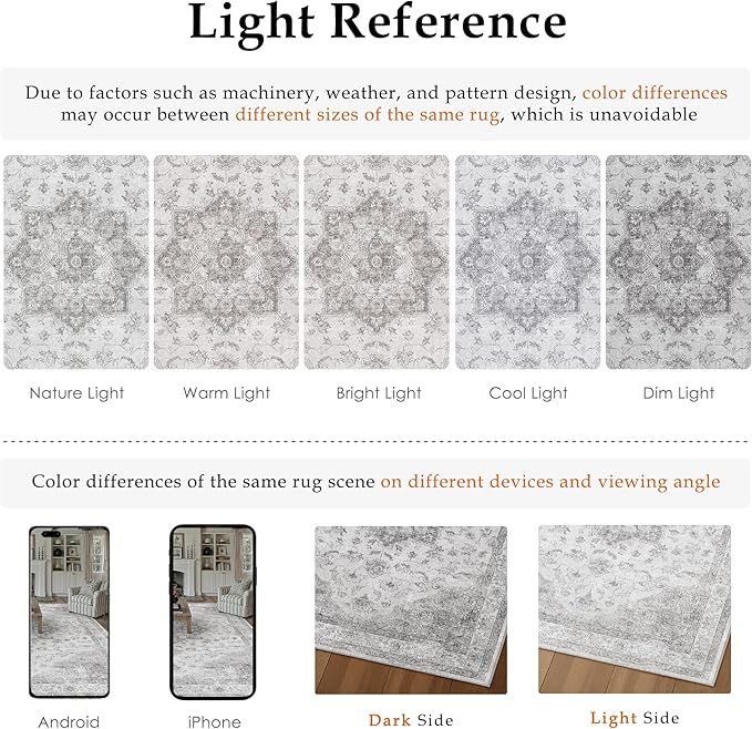PureCozy Grey Gray Area Rug 4x6 Washable Vintage Carpet for Office Living Room Soft Retro Low Pile Thin Indoor Rug Non Slip Oriental Medallion Floor Cover for Bedroom Kitchen Dining Room