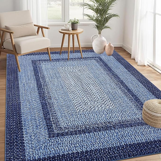 RUGSREAL Boho Rug 4x6 Bedroom Machine Washable Rug Braided Print Floor Cover Indoor Non Slip Throw Carpet Dining Room Small Carpet Farmhouse Rustic Accent Rug for Living Room Home Decor, Navy