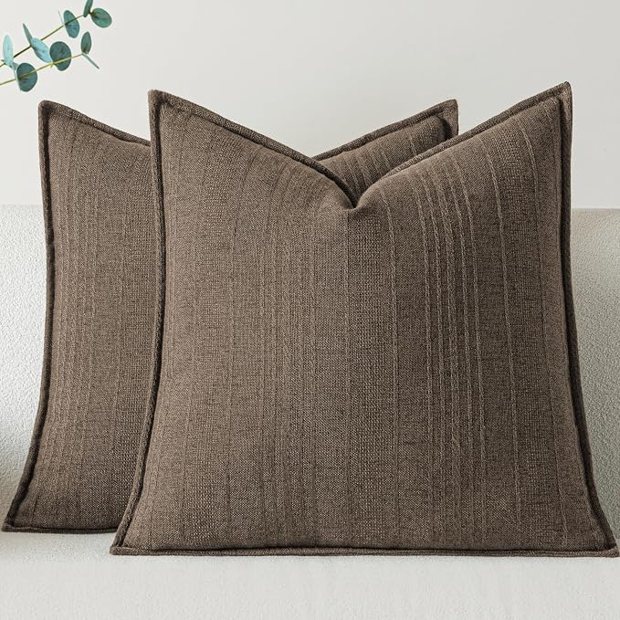 a moment Linen Pillow Covers Set of 2,Boho Farmhouse Throw Pillowcases Neutral Textured Decorative Covers for Couch Sofa,Soft Linen Blend Accent Case Cushion Home Decor 18"x18"Coco Brown