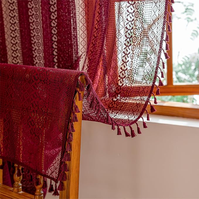 Sutuo Home Boho Curtains 2 Panels for Kitchen Bedroom, Red Lace Curtains Semi Sheer Crochet Vintage Country Tassels Bohemian Drape Privacy Window Treatments Rustic Decor Rod Pocket, 50" x 63" Burgundy