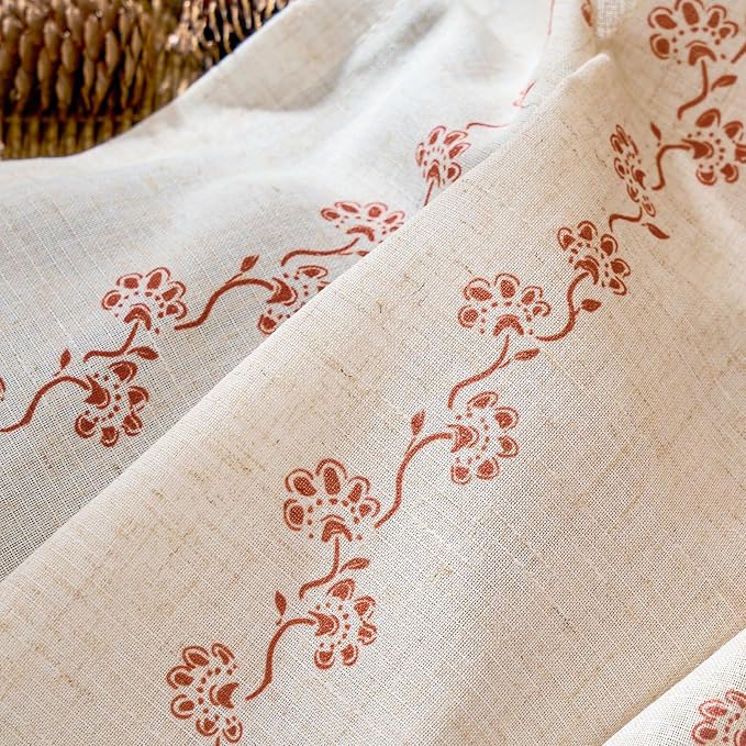 Lazzzy Cathy Linen Floral Curtains 63 inch Length for Kitchen Cute Privacy Curtains for Kids Room Rod Pocket Back Tab Light Filtering Drapes Farmhouse Cottagecore Decor 50"x63" Terracotta on Linen