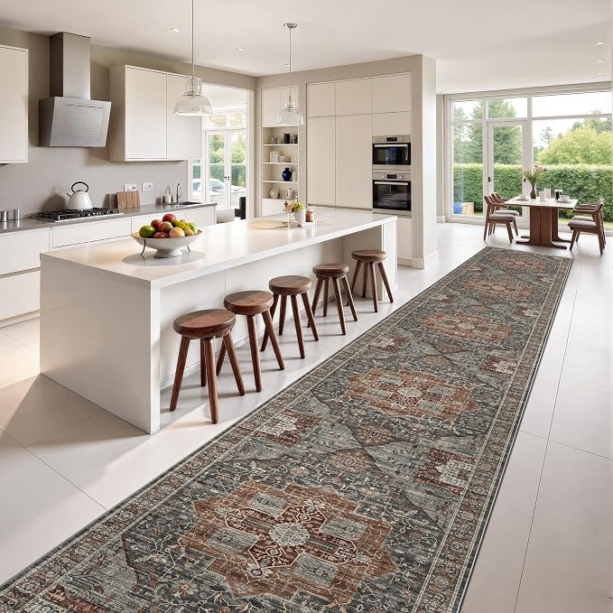 Roxstand 2.6x14 Hallway Runner Rug, Washable Non Slip Rugs, Grey/Brown/Tan | Low Pile Vintage Rug, Stain Resistant, Vintage Long Runner Rugs for Entryway, Living Room, Bedroom, Kitchen, Laundry