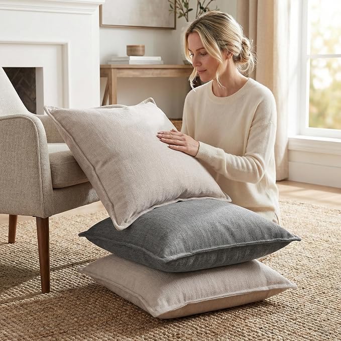 18x18 Inches Throw Pillow Covers Set of 4 Soft Textured Chenille Decorative Cushion Cases for Couch Sofa Bed Modern Farmhouse Neutral Accent Covers with Hidden Zipper Beige Coffee